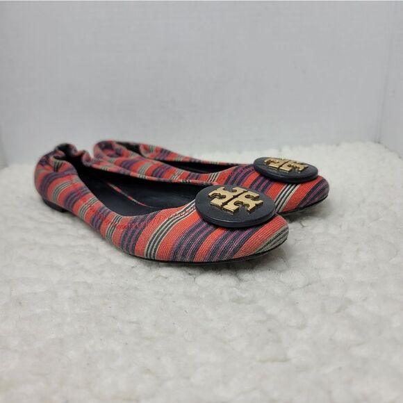 Tory Burch Bauer Reva Womens Ballet Flat Size 7.5 Striped Red Canvas Slip On - Picture 1 of 10